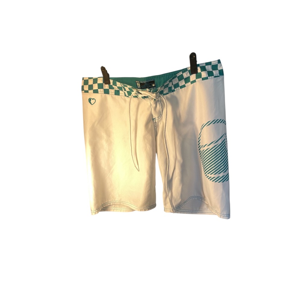 Liquid Force Board Shorts White/Green Checkered Waist‎ 36" Swim Trunks Size 11